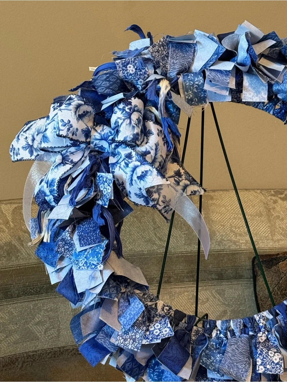 Handmade Blue Fabric Holiday Wreath with Bow